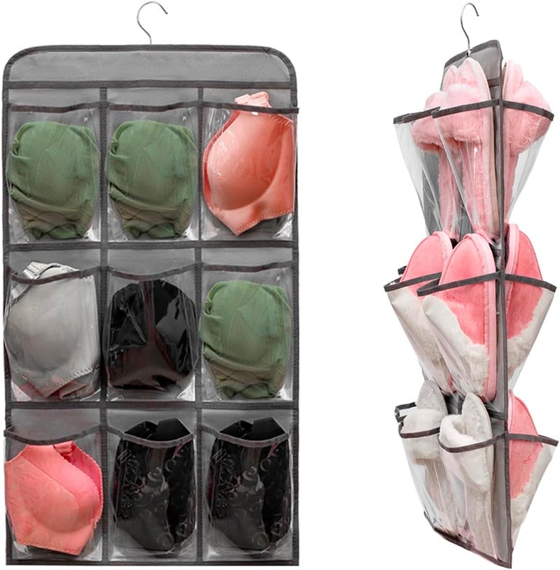 TEMUORG 2 Pcs Closet Organizer Dual Sided Hanging Shoe Storage Bag Underwear Socks Holder with 18 Pockets (CLEAR POCKETS) - Image 1